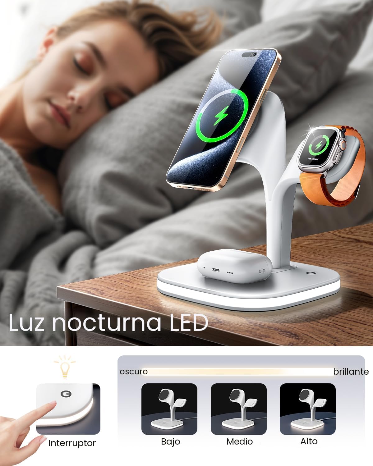 Estación de Carga 3 en 1 con luz LED – Soporte magnético para Apple